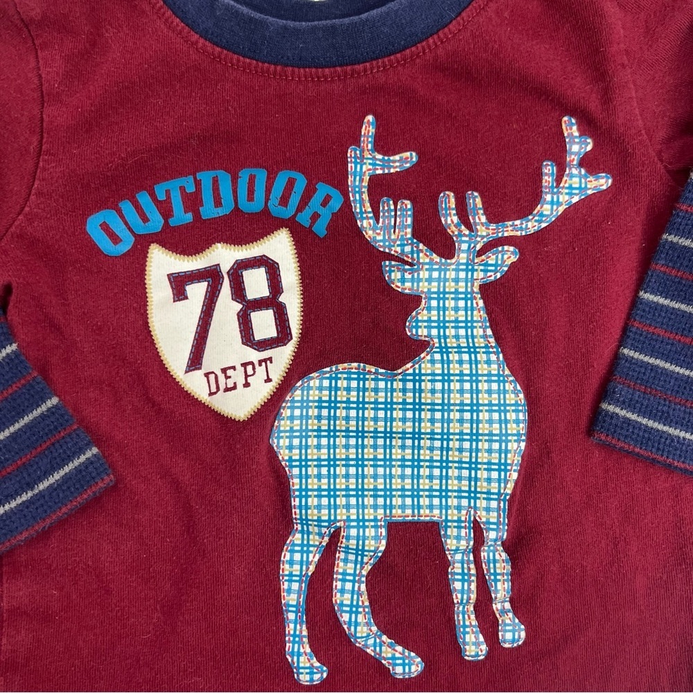 George Kids outdoor moose 🫎 cottage plaid stripes Maroon Deer Long Sleeve Tee - Picture 4 of 7